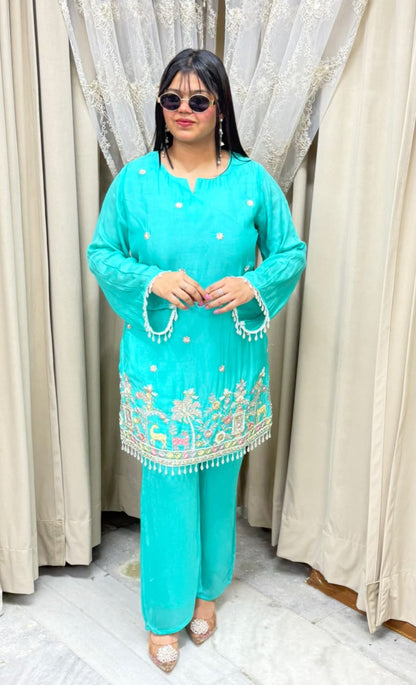 BK Fashions Designer Handwork Pure Chinon Co-ord Set