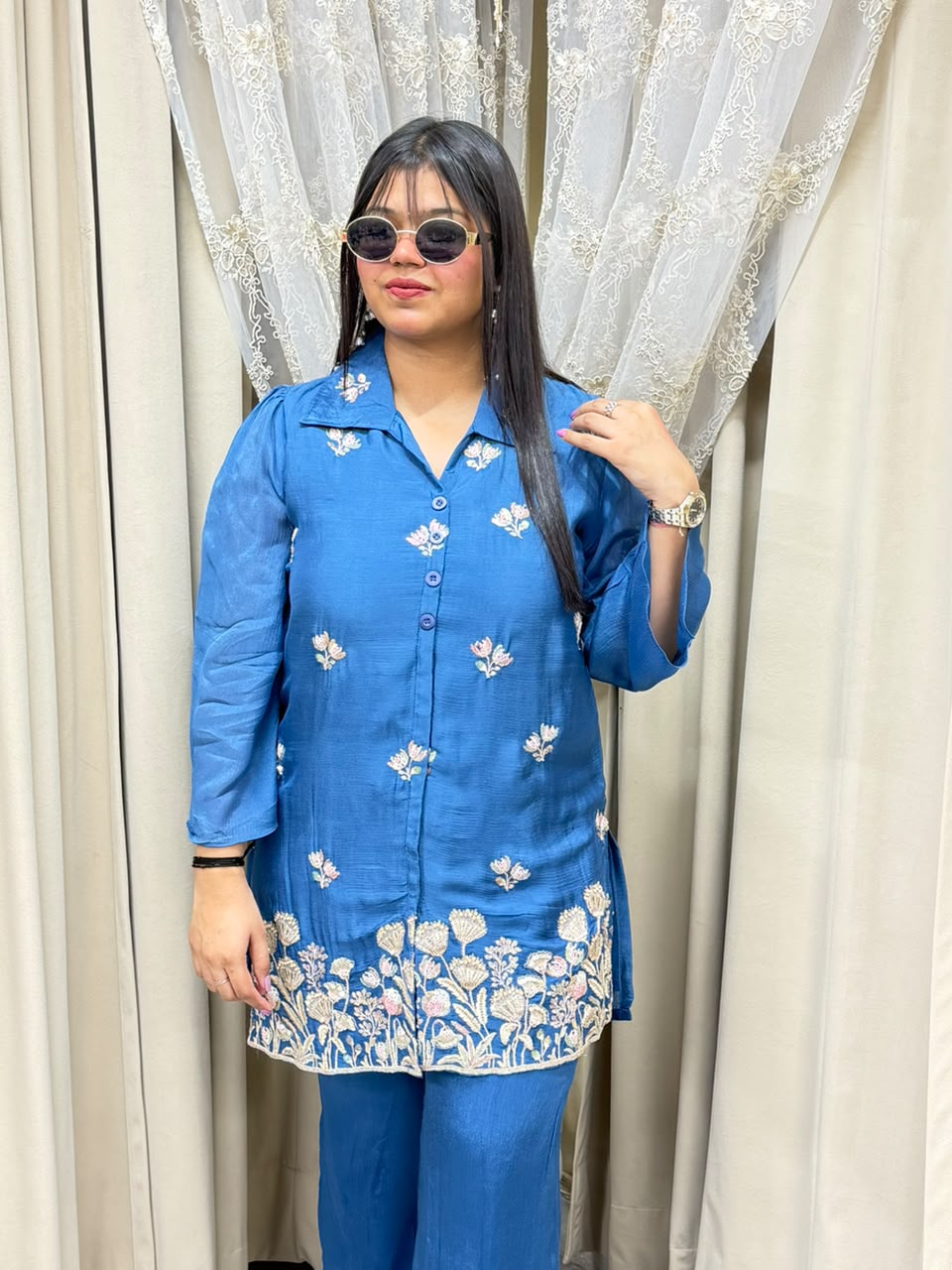 BK Fashions Designer Handwork Pure Chinon Co-ord Set
