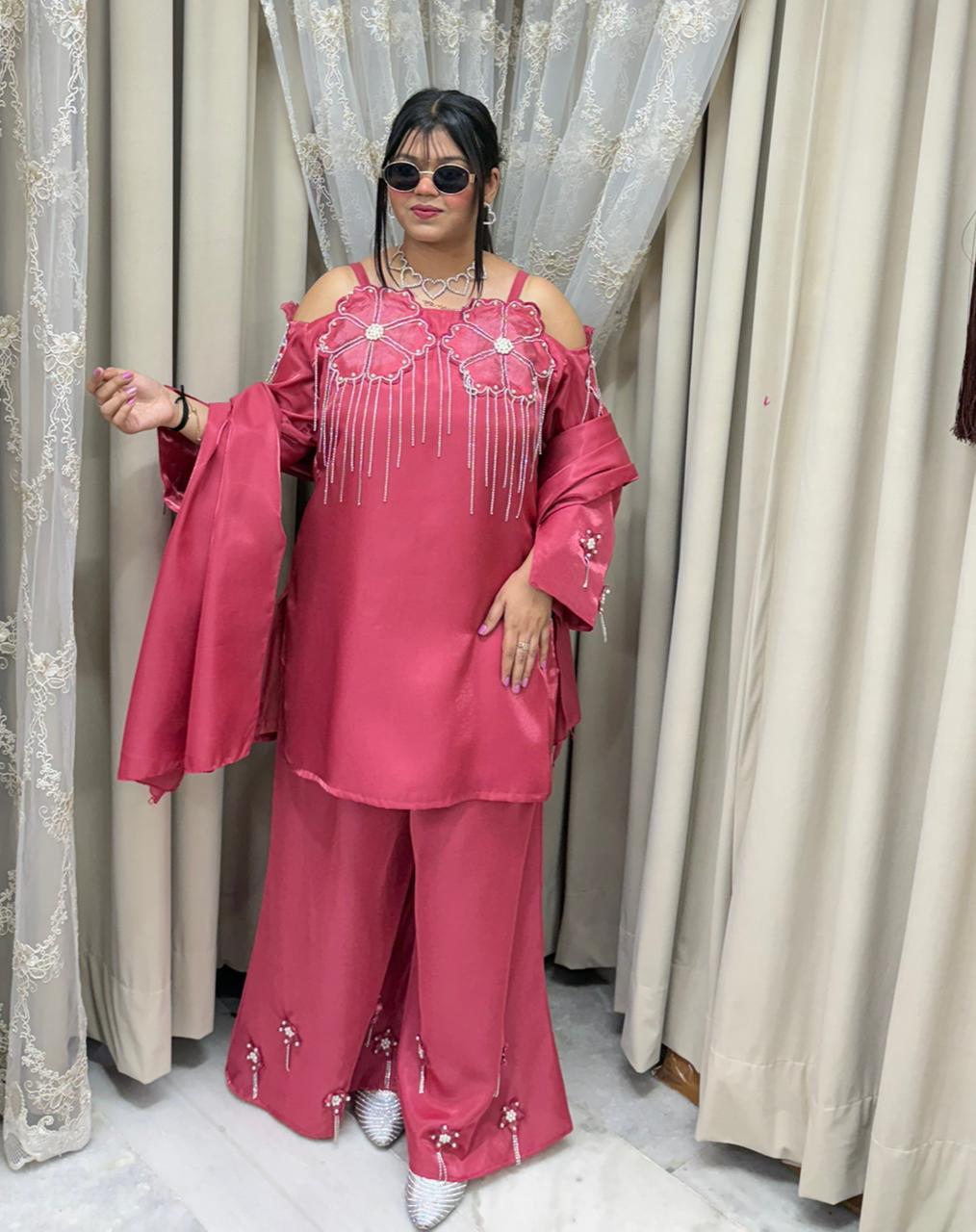 Designer Beautiful Zarkan Flower Shimmer Glass Silk Three-Piece Suit Set