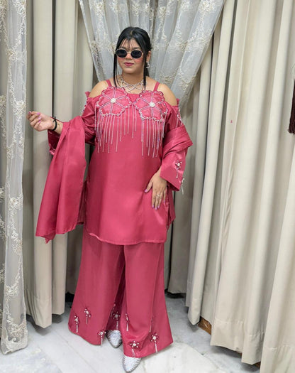 Designer Beautiful Zarkan Flower Shimmer Glass Silk Three-Piece Suit Set