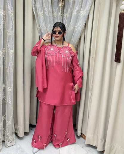 Designer Beautiful Zarkan Flower Shimmer Glass Silk Three-Piece Suit Set