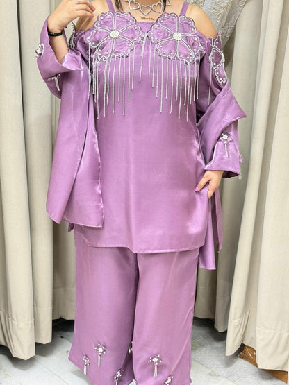 Designer Beautiful Zarkan Flower Shimmer Glass Silk Three-Piece Suit Set