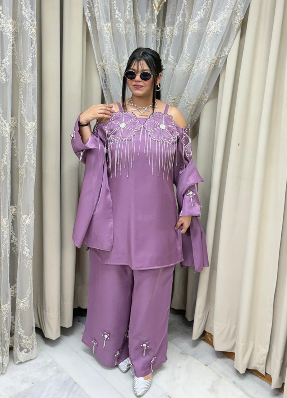 Designer Beautiful Zarkan Flower Shimmer Glass Silk Three-Piece Suit Set