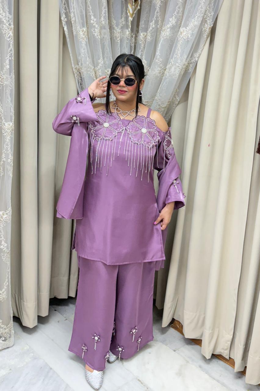 Designer Beautiful Zarkan Flower Shimmer Glass Silk Three-Piece Suit Set