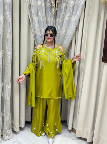 Designer Beautiful Zarkan Flower Shimmer Glass Silk Three-Piece Suit Set