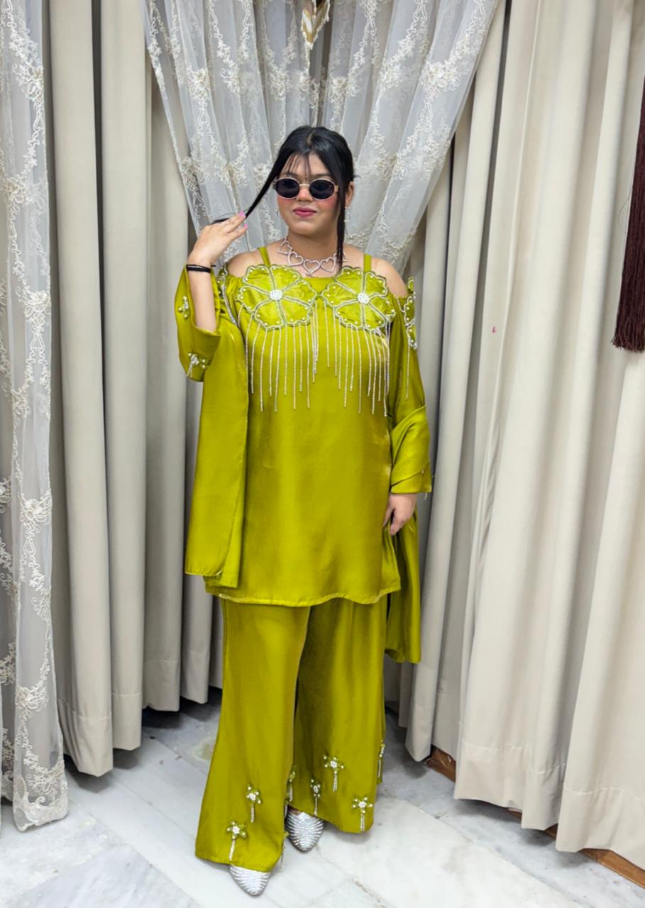 Designer Beautiful Zarkan Flower Shimmer Glass Silk Three-Piece Suit Set