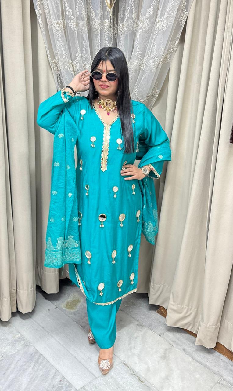 Designer Mirror Latkan Straight Three-Piece Suit Set