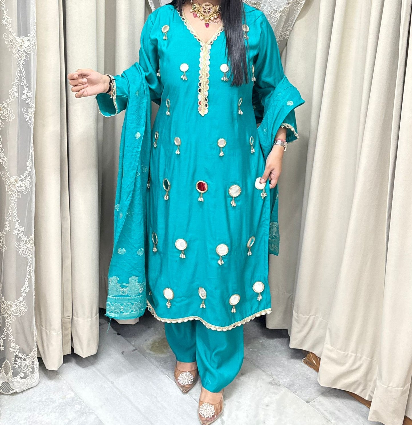 Designer Mirror Latkan Straight Three-Piece Suit Set