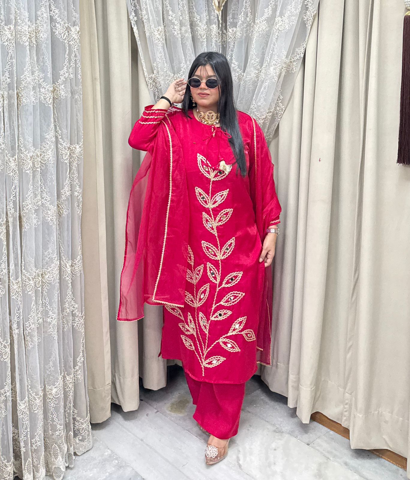 Designer Mirror Work Shimmer Silk Three-Piece Suit Set with Matching Dupatta