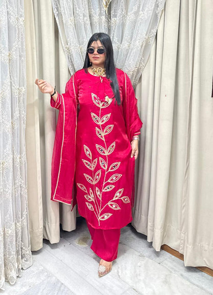 Designer Mirror Work Shimmer Silk Three-Piece Suit Set with Matching Dupatta