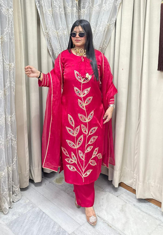 Designer Mirror Work Shimmer Silk Three-Piece Suit Set with Matching Dupatta