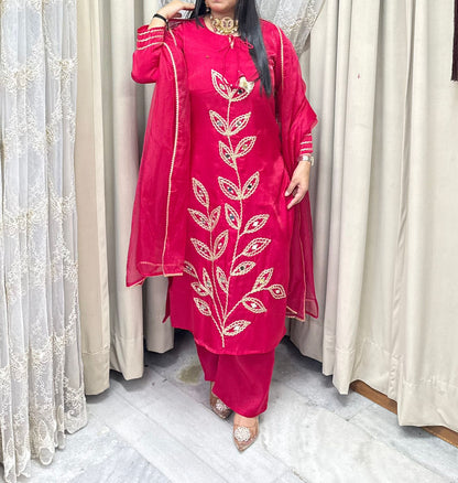 Designer Mirror Work Shimmer Silk Three-Piece Suit Set with Matching Dupatta