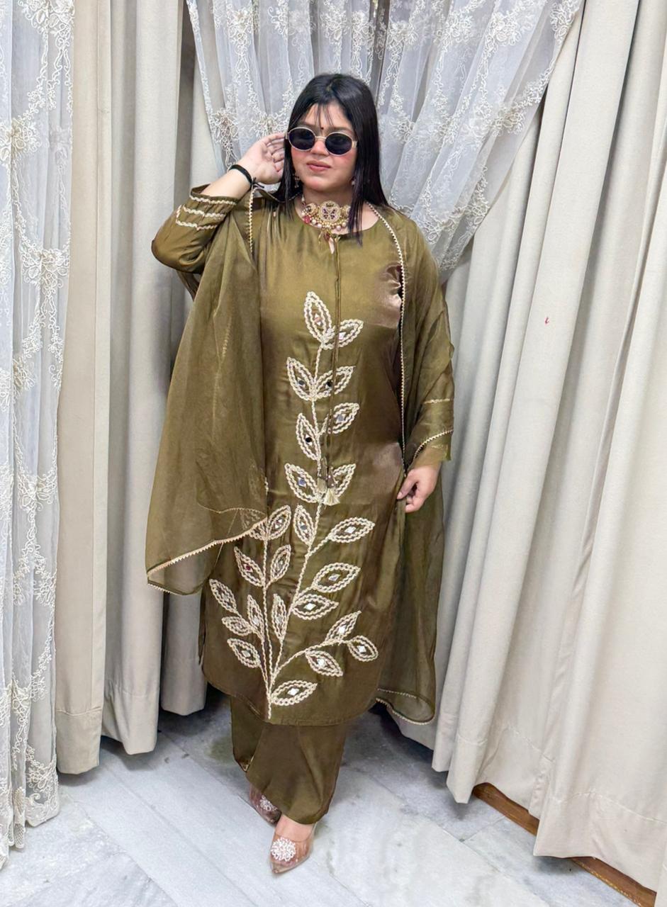 Designer Mirror Work Shimmer Silk Three-Piece Suit Set with Matching Dupatta