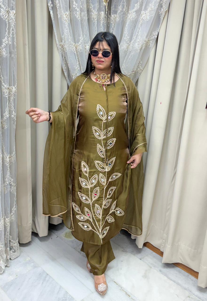 Designer Mirror Work Shimmer Silk Three-Piece Suit Set with Matching Dupatta