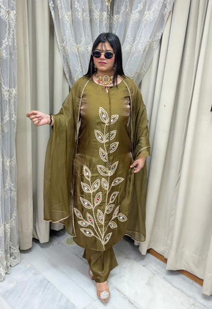 Designer Mirror Work Shimmer Silk Three-Piece Suit Set with Matching Dupatta