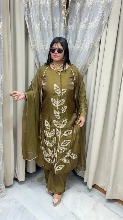 Designer Mirror Work Shimmer Silk Three-Piece Suit Set with Matching Dupatta