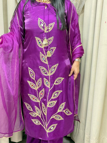 Designer Mirror Work Shimmer Silk Three-Piece Suit Set with Matching Dupatta