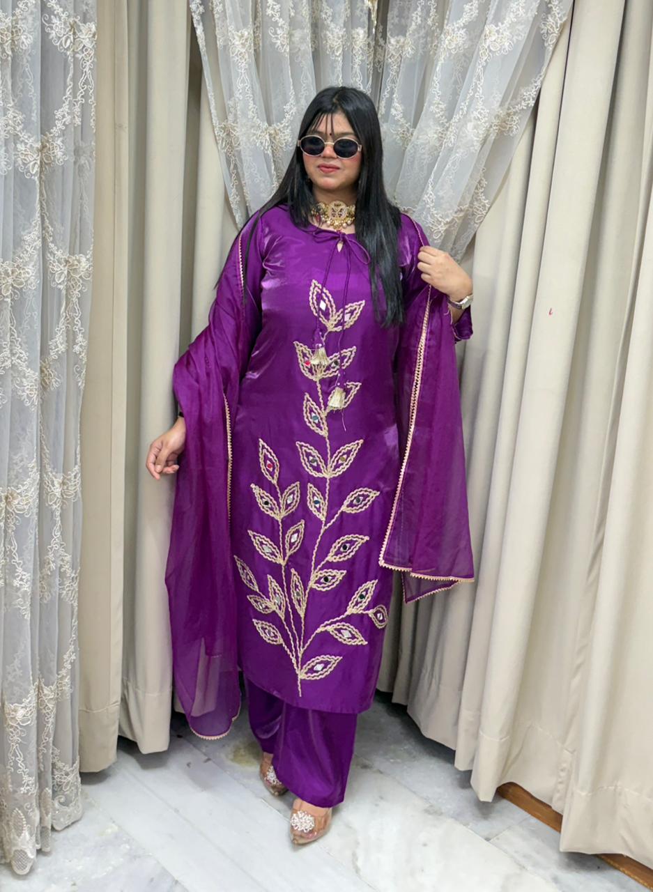 Designer Mirror Work Shimmer Silk Three-Piece Suit Set with Matching Dupatta