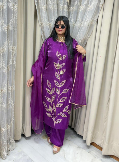 Designer Mirror Work Shimmer Silk Three-Piece Suit Set with Matching Dupatta