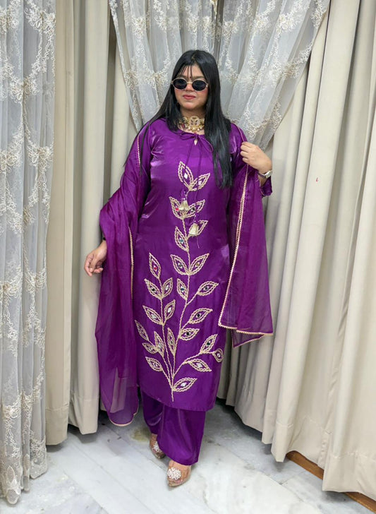 Designer Mirror Work Shimmer Silk Three-Piece Suit Set with Matching Dupatta