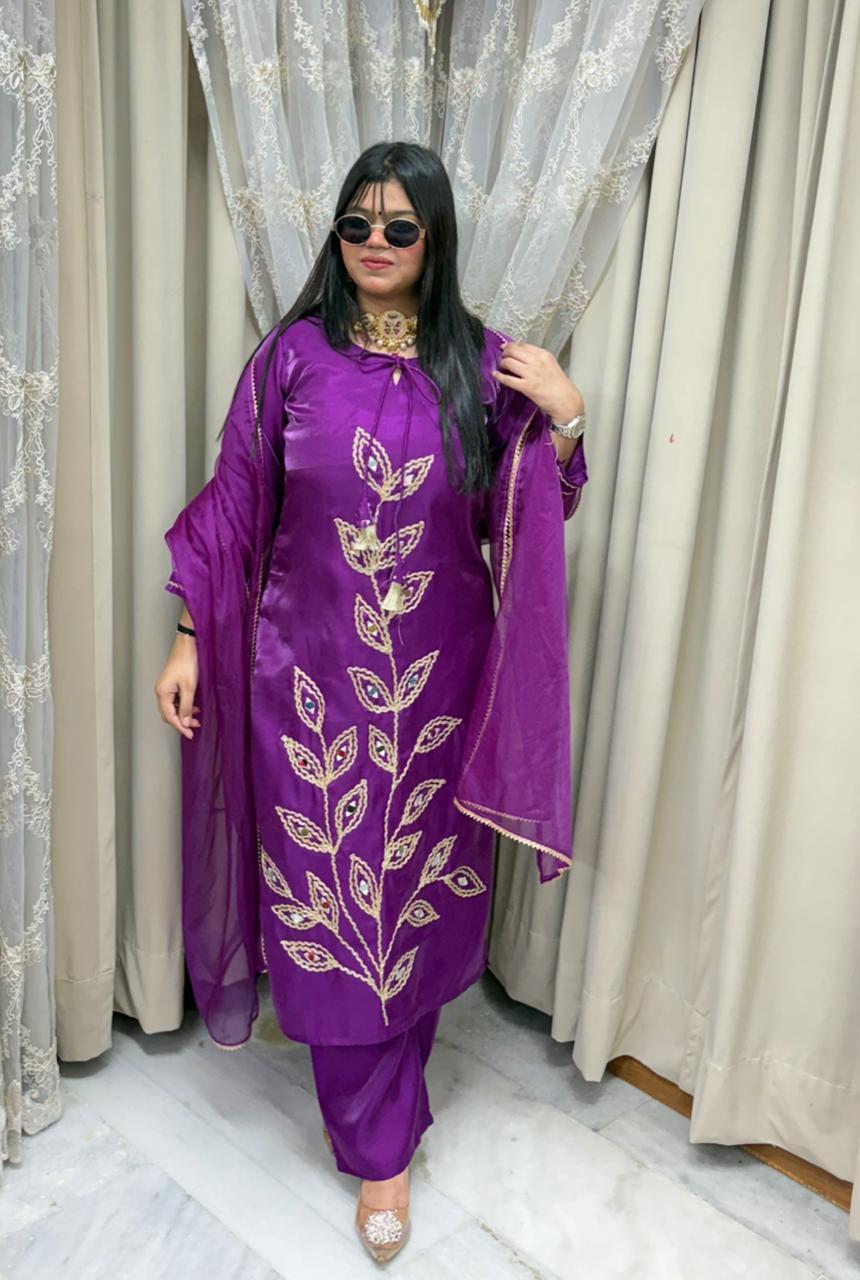 Designer Mirror Work Shimmer Silk Three-Piece Suit Set with Matching Dupatta