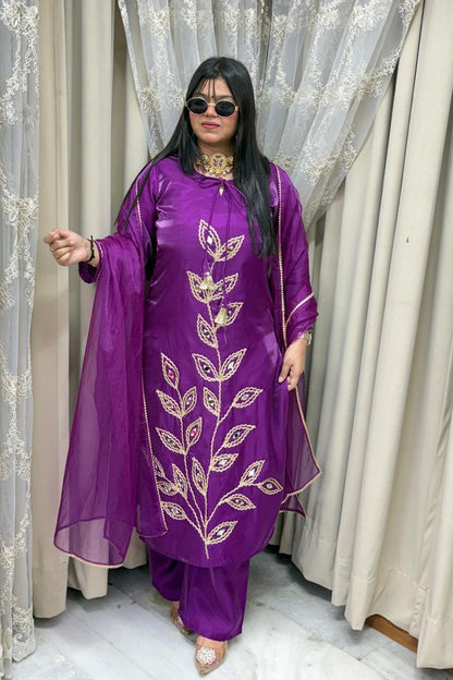 Designer Mirror Work Shimmer Silk Three-Piece Suit Set with Matching Dupatta