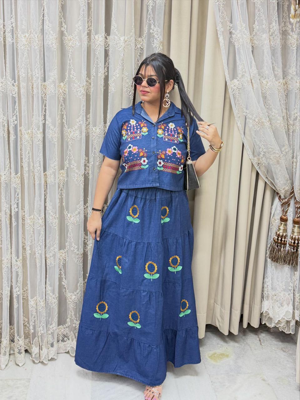 Designer Denim Sunflower Skirt & Top Co-ord Set