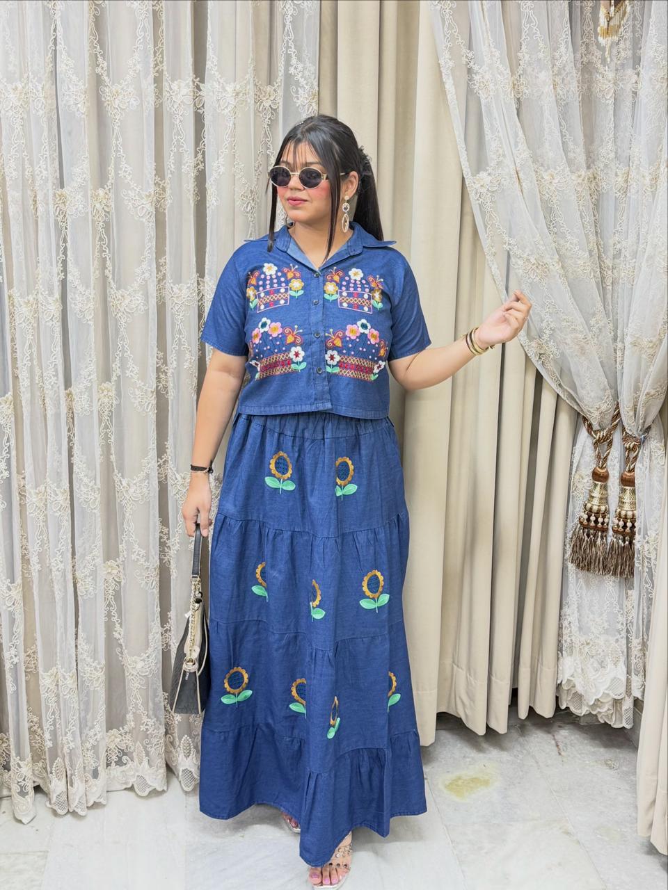Designer Denim Sunflower Skirt & Top Co-ord Set