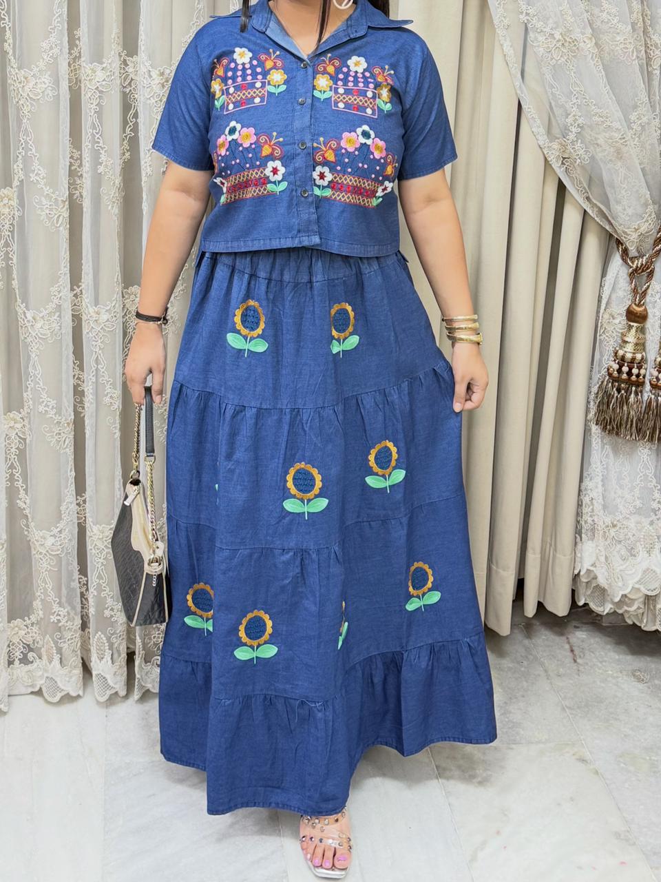 Designer Denim Sunflower Skirt & Top Co-ord Set