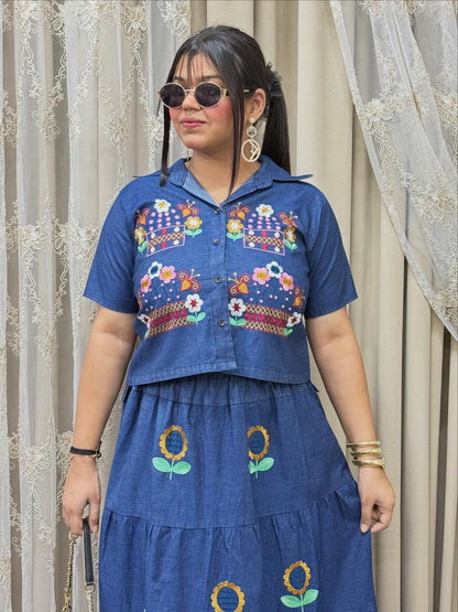 Designer Denim Sunflower Skirt & Top Co-ord Set