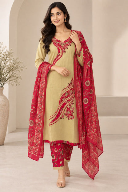Designer Premium Cotton Pankh Handwork Kurta Set with Printed Dupatta & Pants
