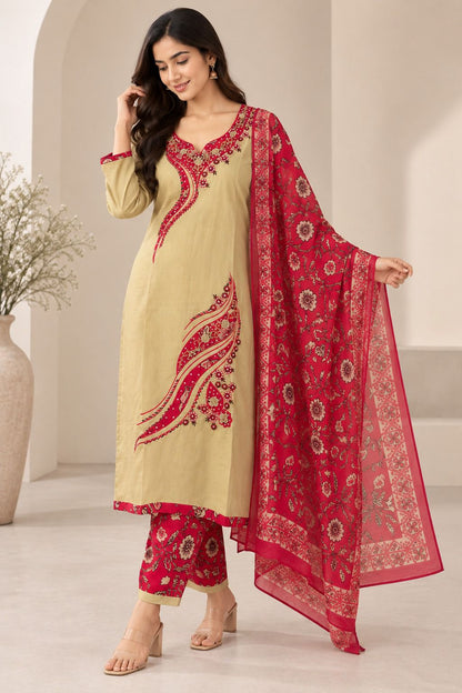 Designer Premium Cotton Pankh Handwork Kurta Set with Printed Dupatta & Pants