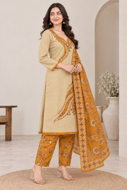 Designer Premium Cotton Pankh Handwork Kurta Set with Printed Dupatta & Pants