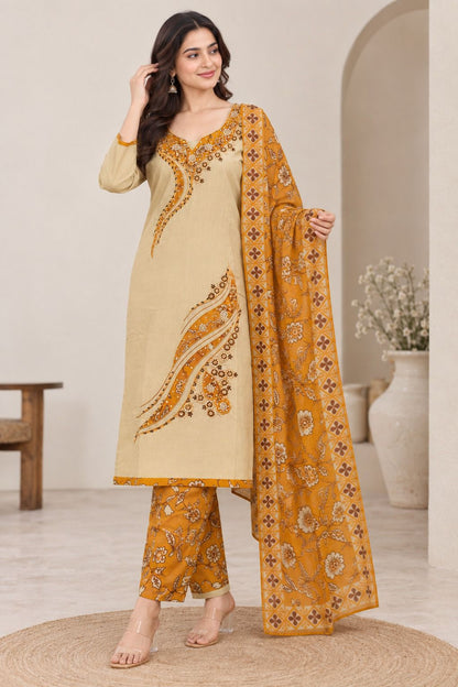 Designer Premium Cotton Pankh Handwork Kurta Set with Printed Dupatta & Pants