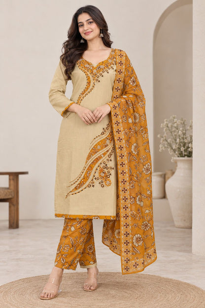 Designer Premium Cotton Pankh Handwork Kurta Set with Printed Dupatta & Pants