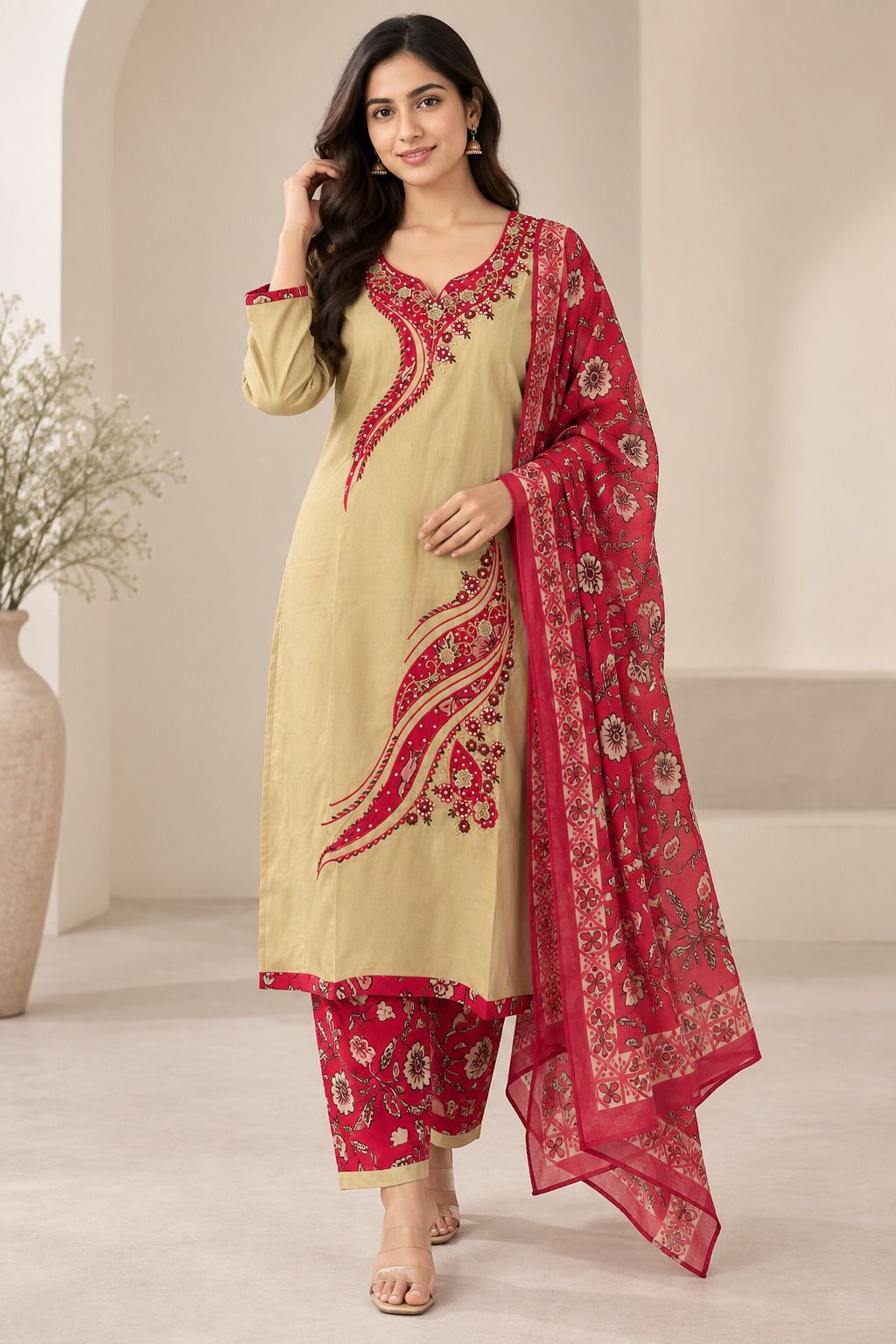 Designer Premium Cotton Pankh Handwork Kurta Set with Printed Dupatta & Pants