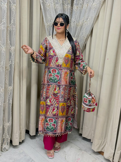 Designer Cotton Silk Printed Kurta Set with Matching Potli Bag