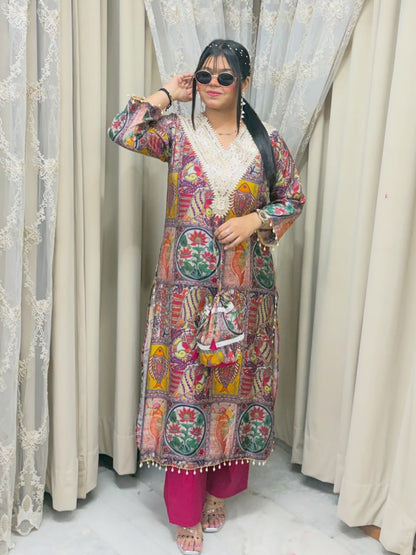 Designer Cotton Silk Printed Kurta Set with Matching Potli Bag