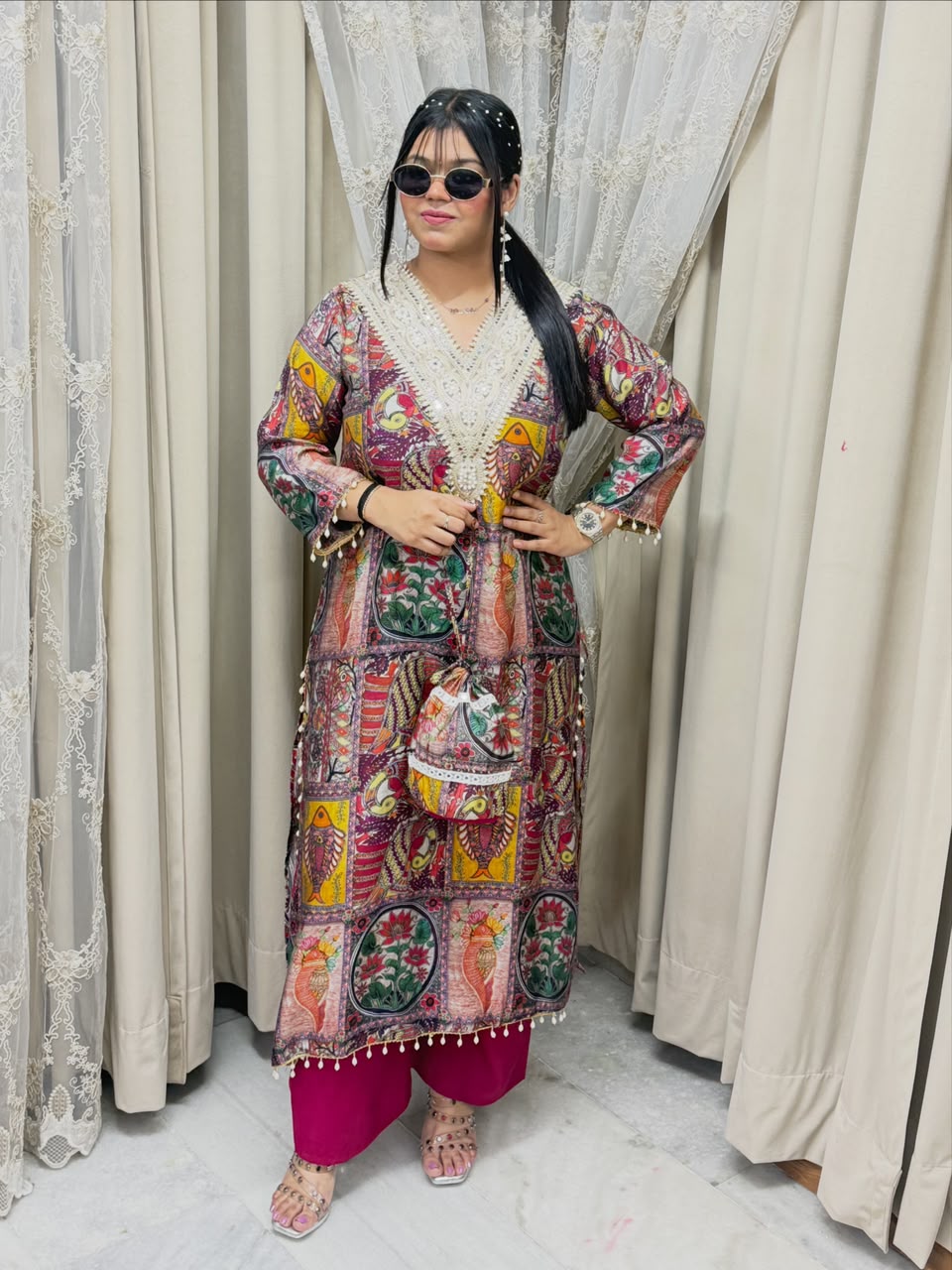 Designer Cotton Silk Printed Kurta Set with Matching Potli Bag