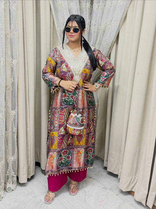 Designer Cotton Silk Printed Kurta Set with Matching Potli Bag