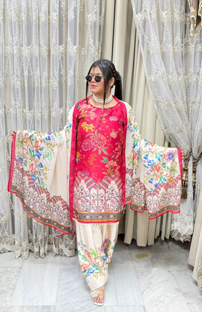 Designer Pure Satin Crepe Farshi Suit Set with Matching Dupatta