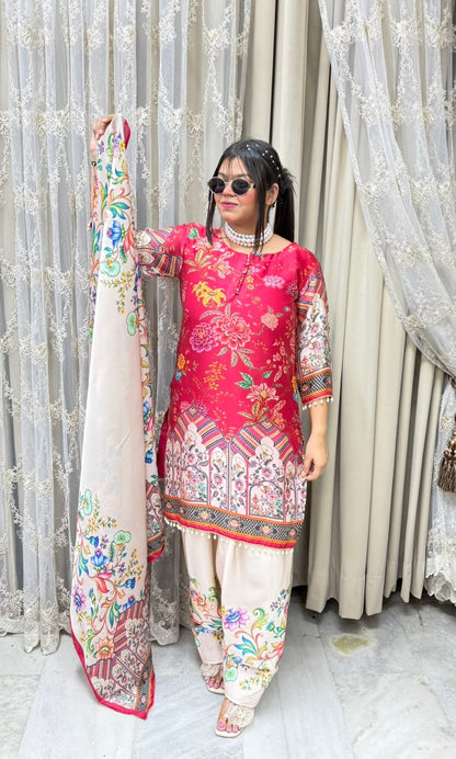 Designer Pure Satin Crepe Farshi Suit Set with Matching Dupatta