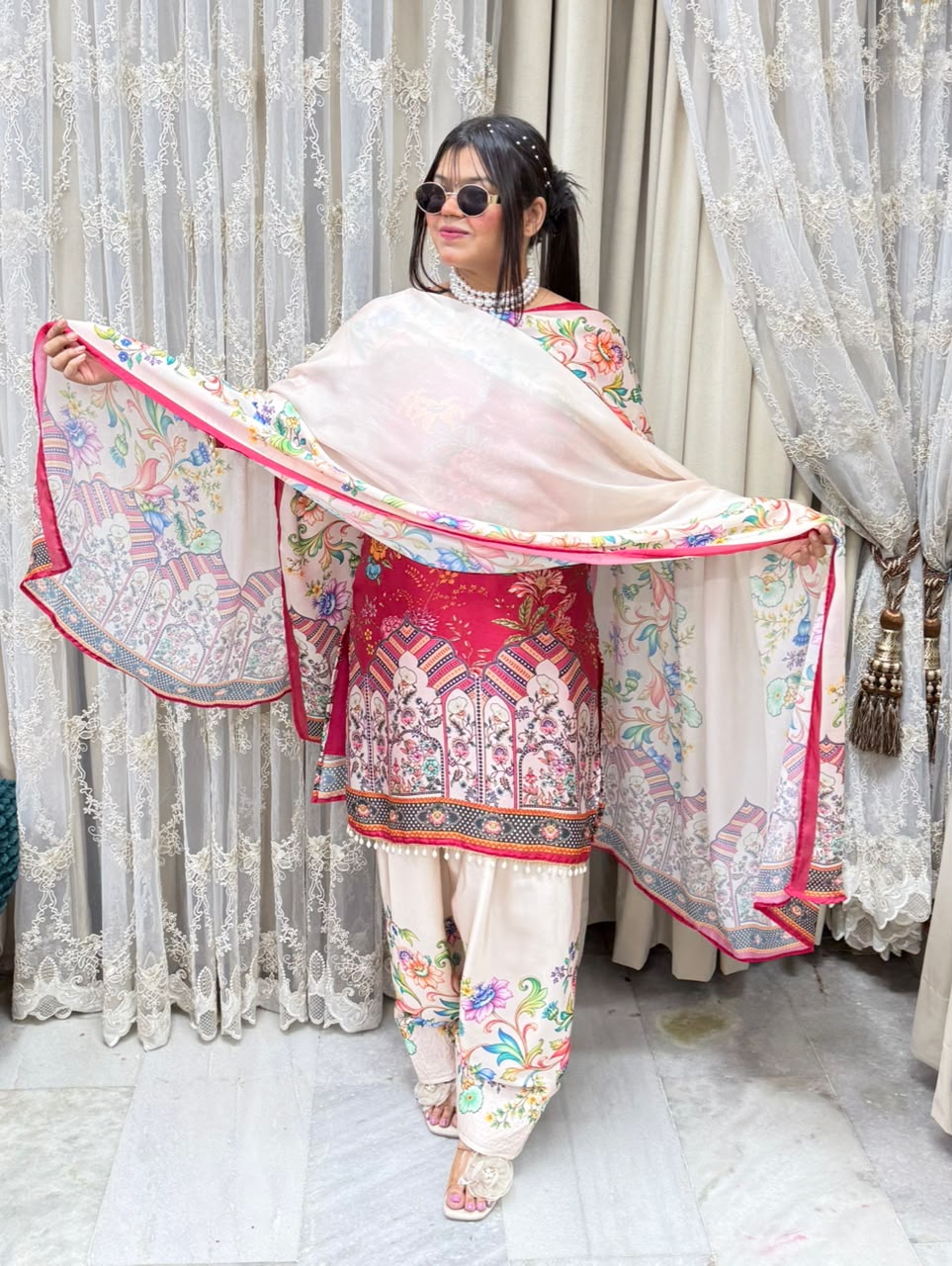Designer Pure Satin Crepe Farshi Suit Set with Matching Dupatta