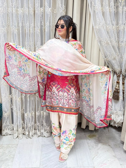 Designer Pure Satin Crepe Farshi Suit Set with Matching Dupatta