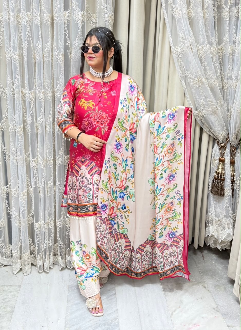 Designer Pure Satin Crepe Farshi Suit Set with Matching Dupatta
