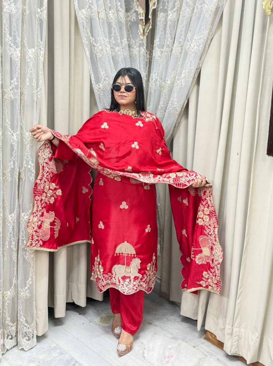 Designer Heavy Nazaqat Embroidered Glass Shimmer 3-Piece Suit Set with Scalloped Dupatta