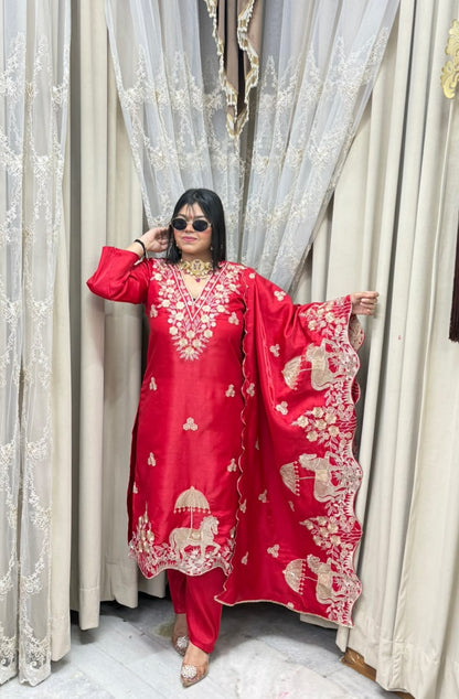 Designer Heavy Nazaqat Embroidered Glass Shimmer 3-Piece Suit Set with Scalloped Dupatta