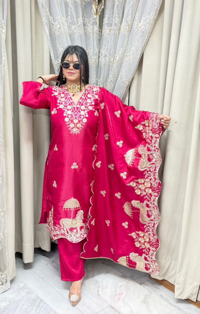 Designer Heavy Nazaqat Embroidered Glass Shimmer 3-Piece Suit Set with Scalloped Dupatta