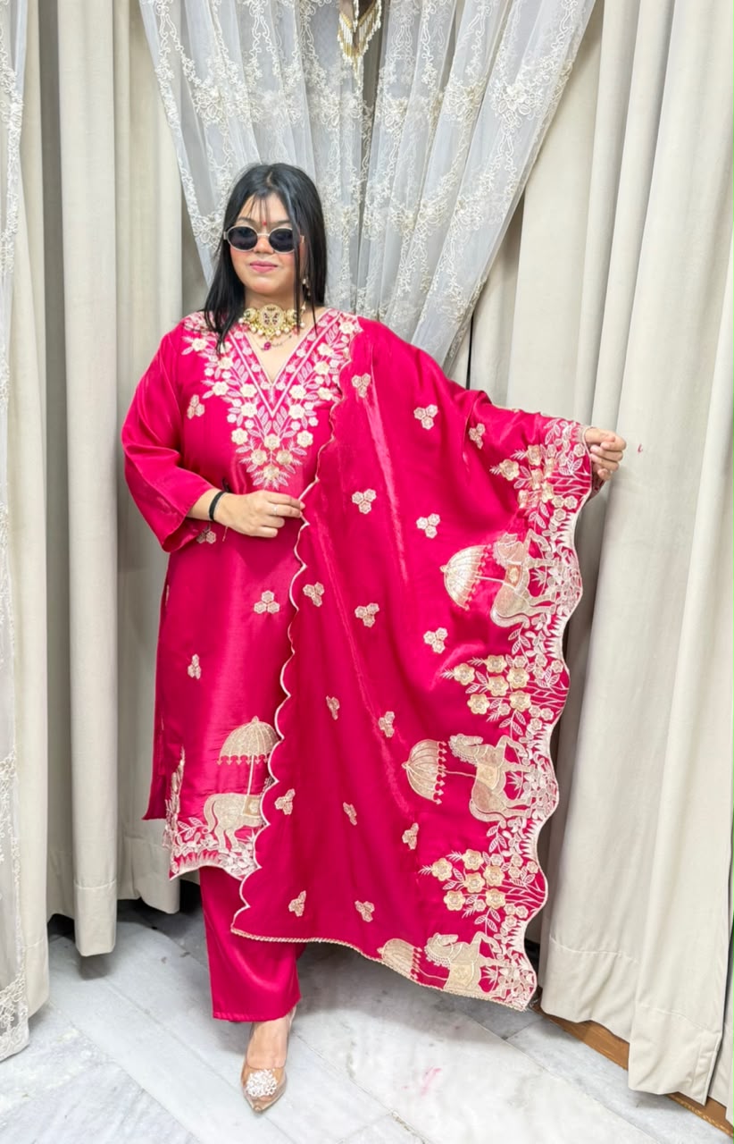 Designer Heavy Nazaqat Embroidered Glass Shimmer 3-Piece Suit Set with Scalloped Dupatta