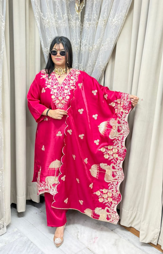 Designer Heavy Nazaqat Embroidered Glass Shimmer 3-Piece Suit Set with Scalloped Dupatta